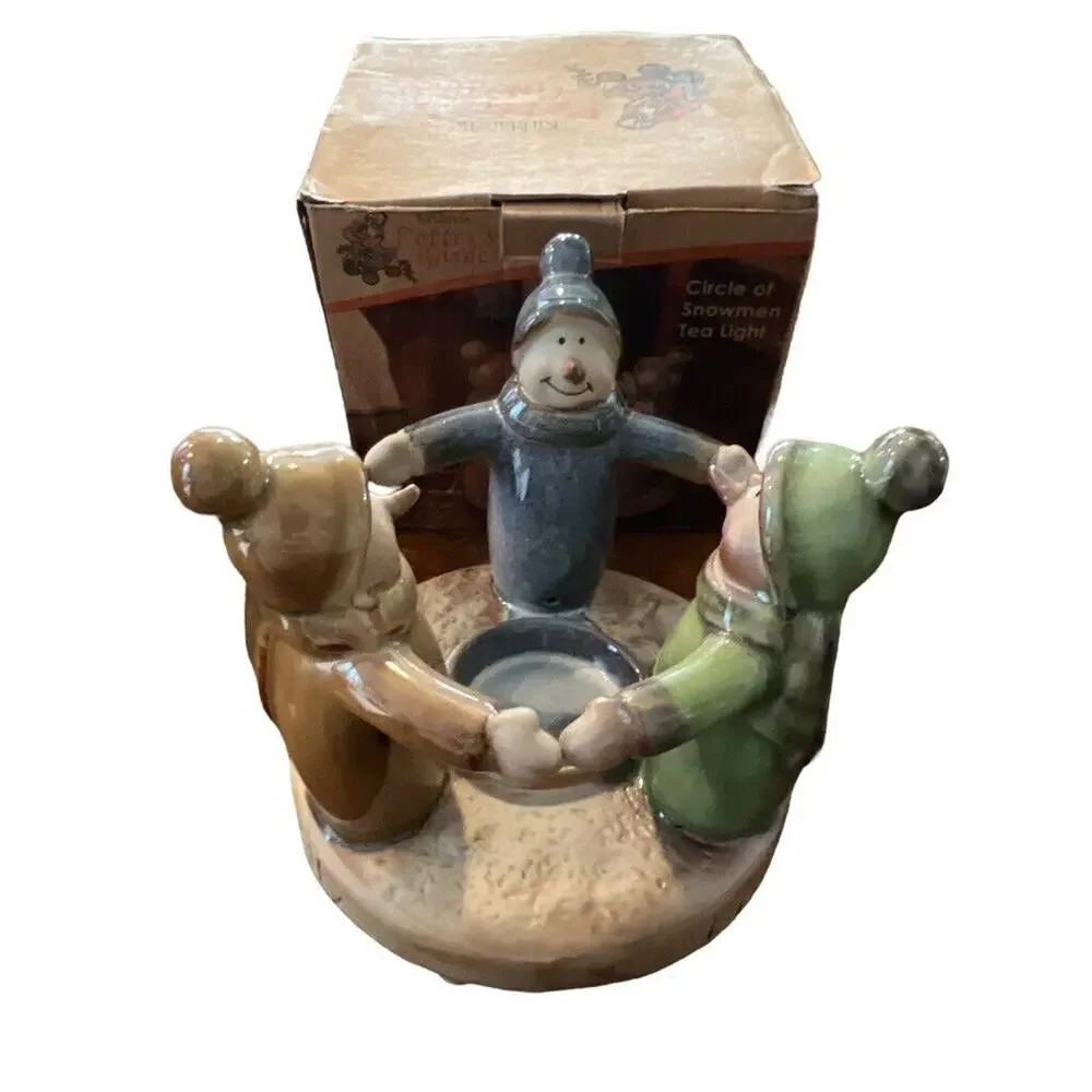 New Potters Garden Tea Light Candle Holder Circle of Snowmen Holiday Decor
